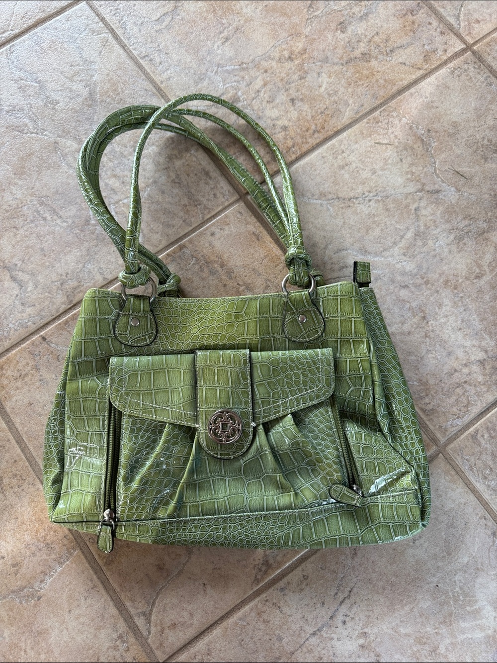 Green Croc-Textured Shoulder Bag